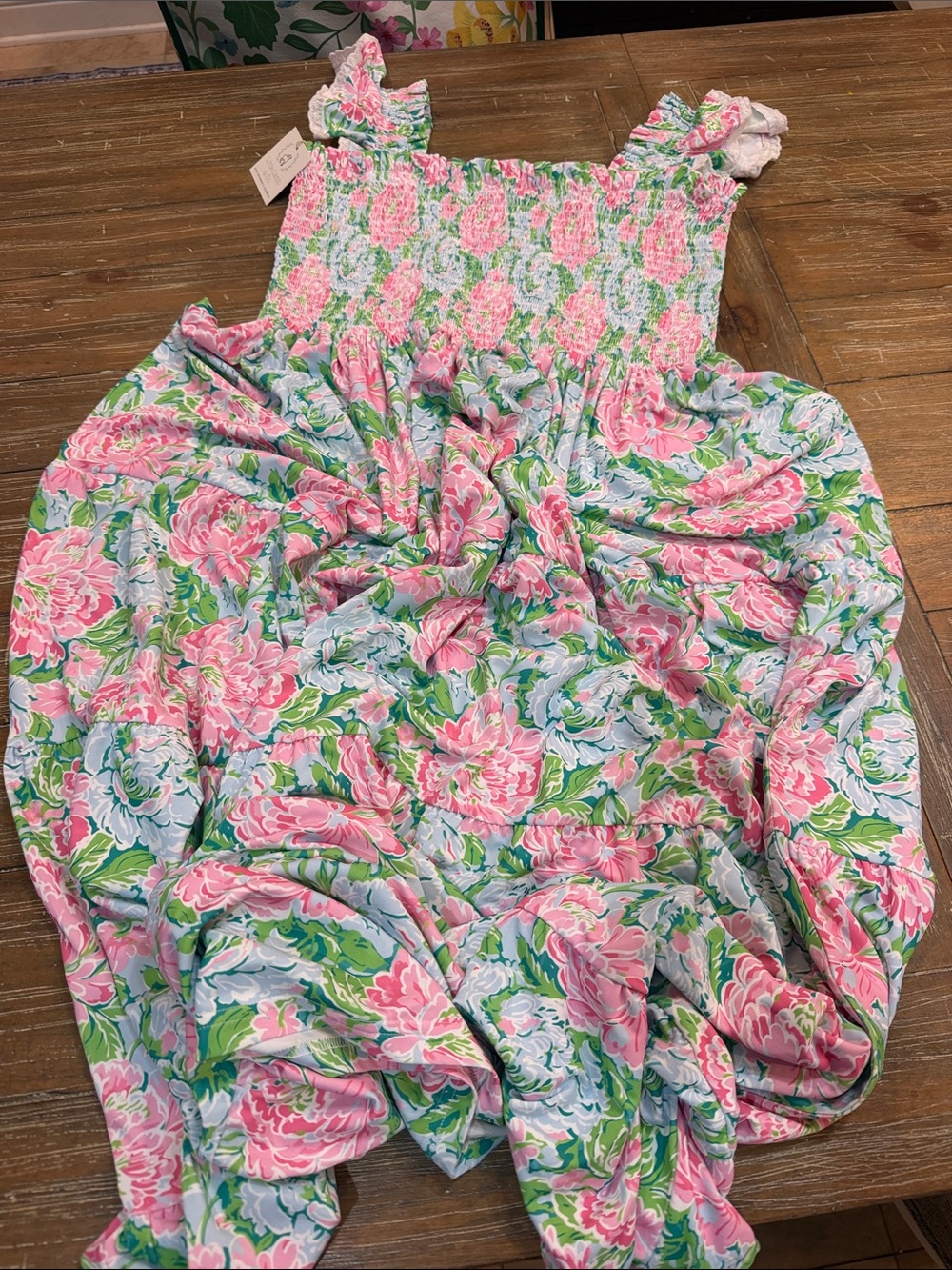 Pink Floral Maxi Sundress with Smocked Bodice